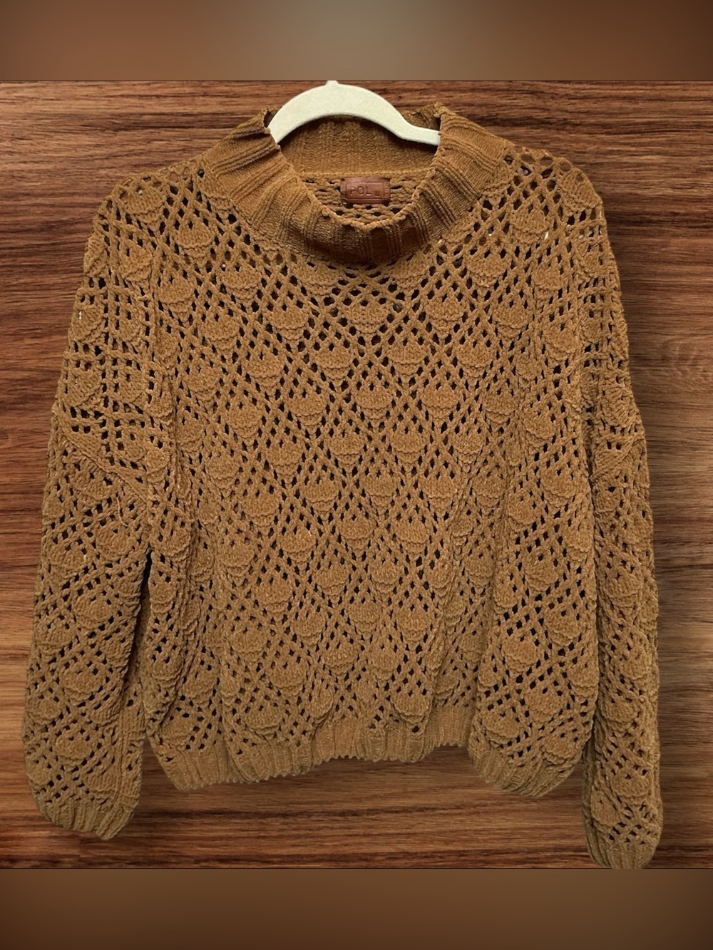 POL Open-Knit Turtleneck Sweater in Camel Brown